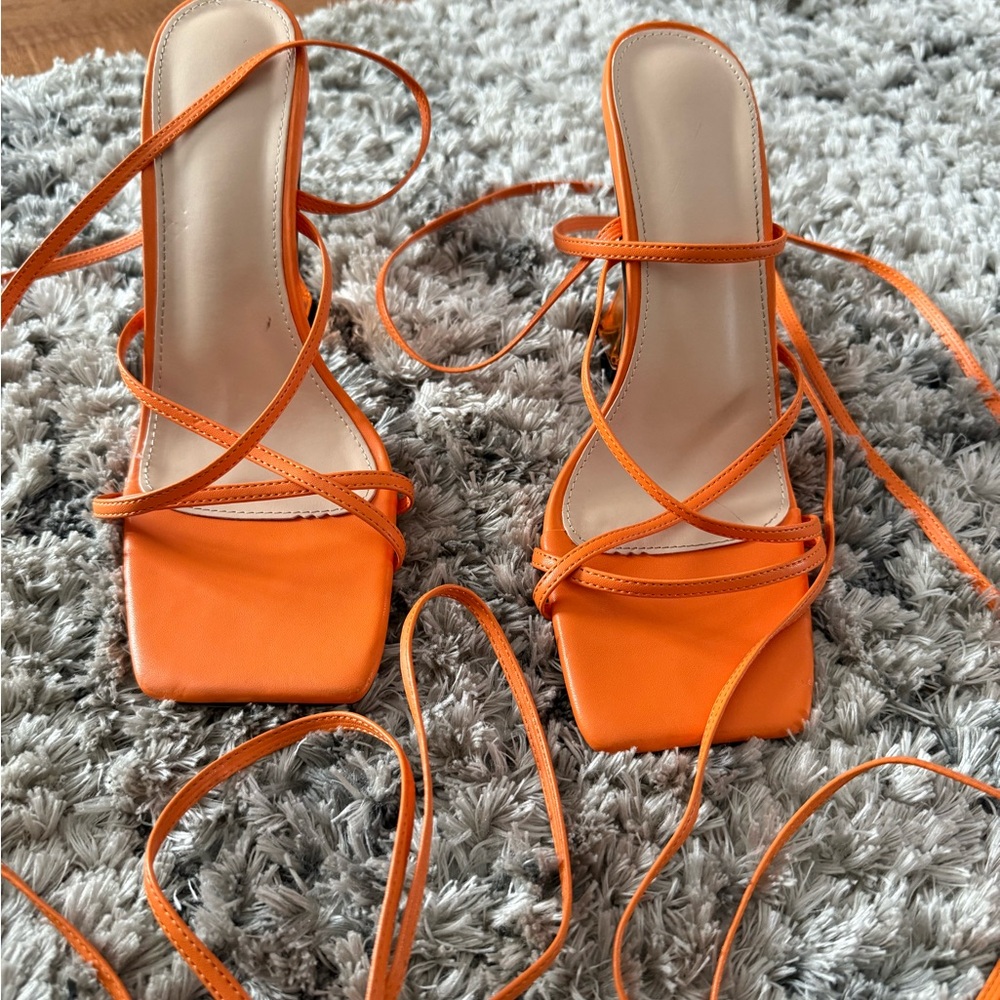 Strappy Lace-Up Orange Square-Toe Heels
